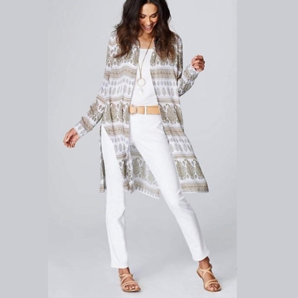 J Jill Petite Long Sleeve Paisley Print Tunic Shirt Dress White Olive‎ Green L